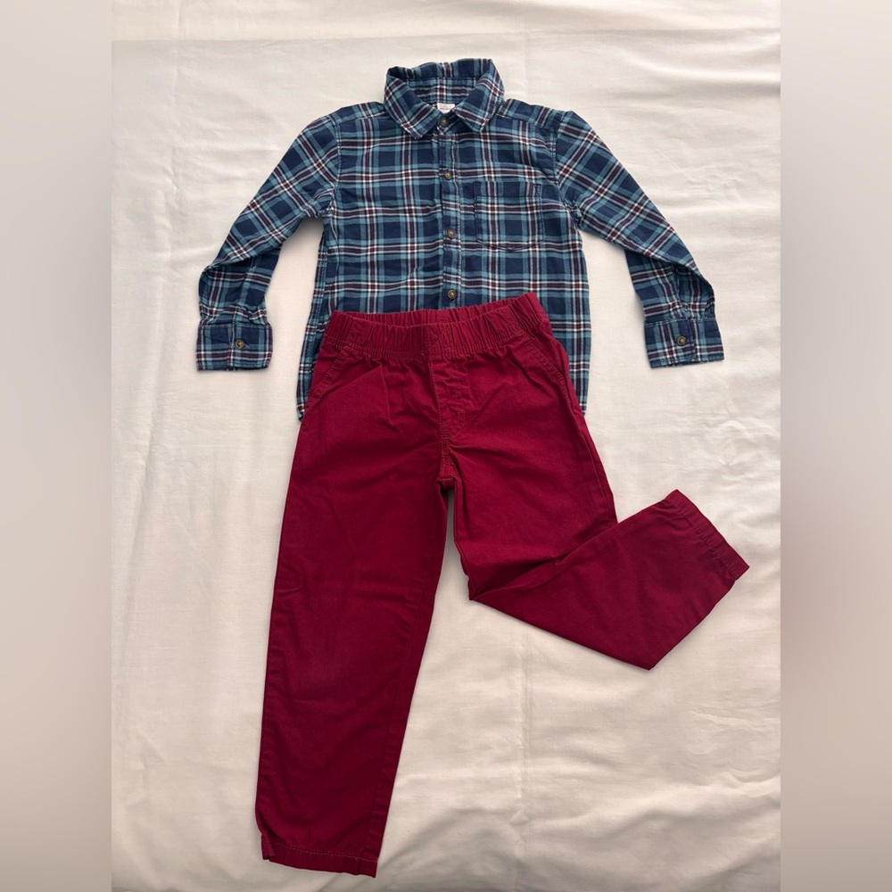 Carter's Navy and Teal Plaid Shirt and Red Pants Outfit in size 4T